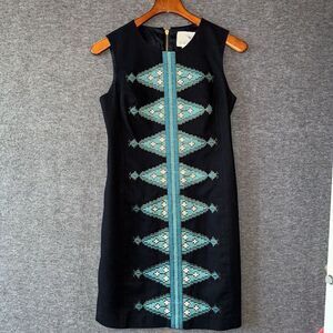 Tabitha Sz 4 Black Turquoise Aztec Lined Embroidered‎ Cotton Blend Acetate Dress